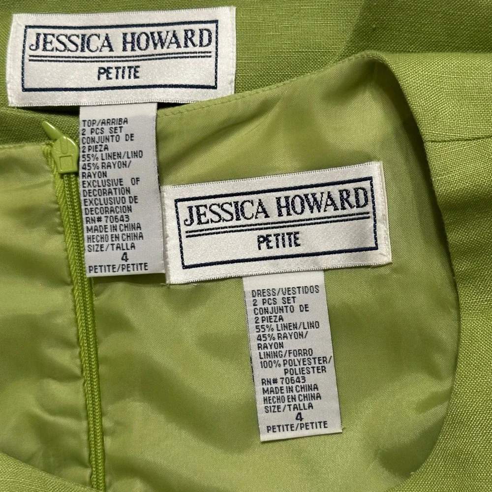 Jessica Howard Floral Embroidered Jacket Dress Set Linen Blend‎ Green 4P
